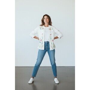 Quacker Factory Womens 2X White Floral Butterfly Embroidered Zip Front Jacket